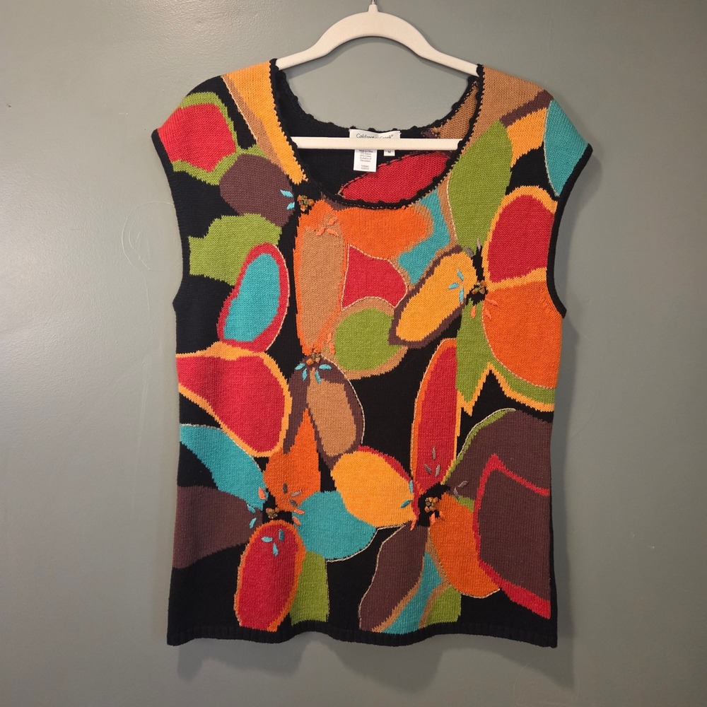 Coldwater‎ Creek Women's Sleeveless Sweater Vest Size M Floral Print Beaded